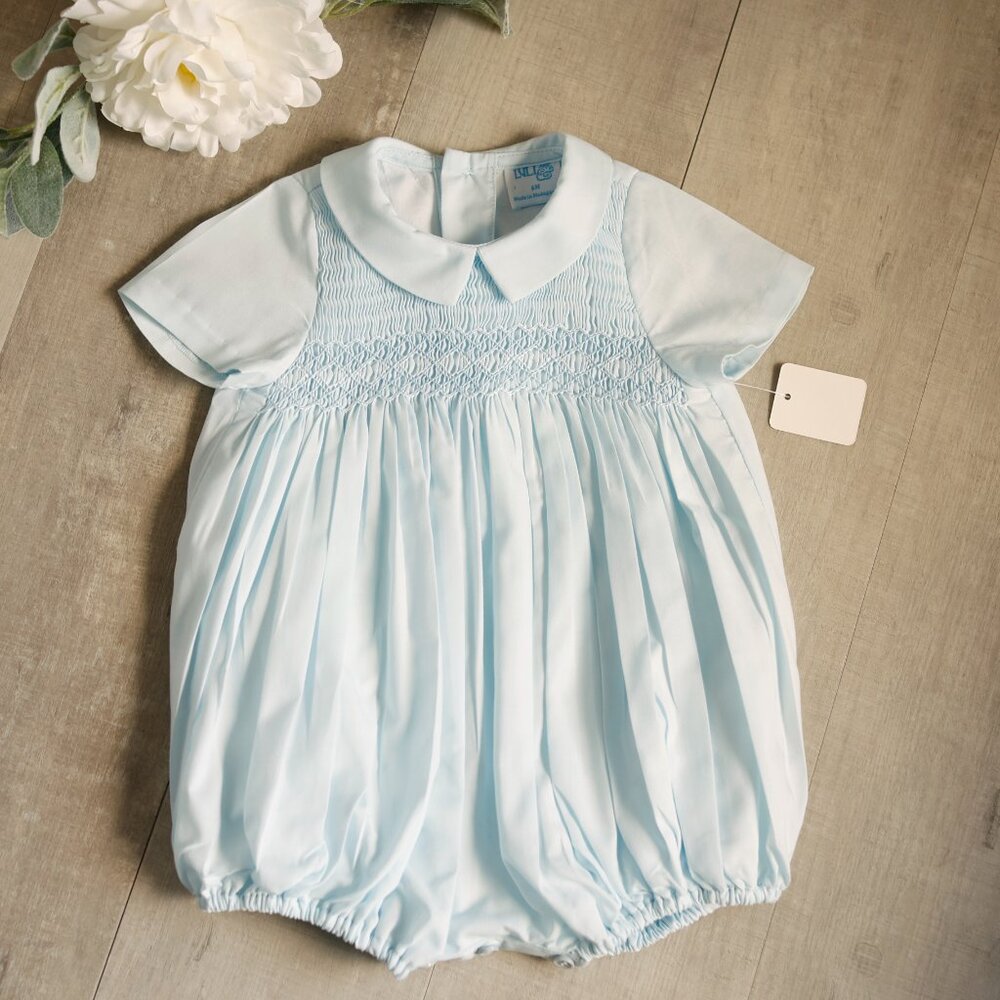 Blue Smocked Heirloom Creeper Romper Luli & Me Portrait Special Occasion 6 Month